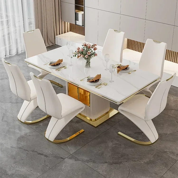 Luxury slate marble modern stainless steel rectangular white dining room table set with 6 seater restaurant 4 chair furniture