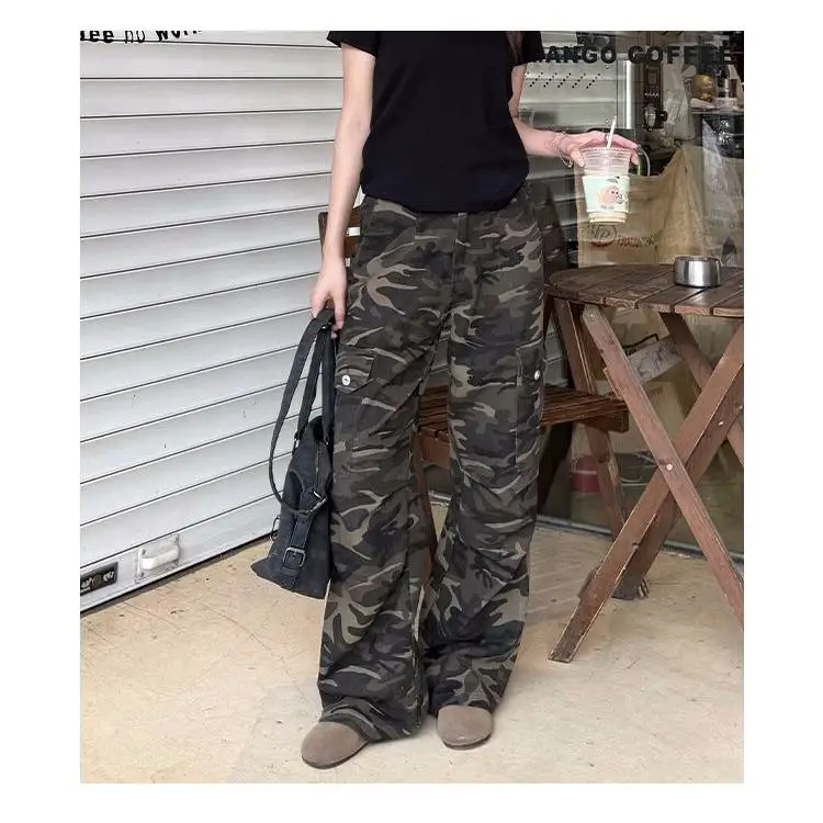 

Retro American Camouflage Work Pants Women Summer New Hot Girl Hiphop Casual Loose Wide Leg Pants Simple Sle l Waist