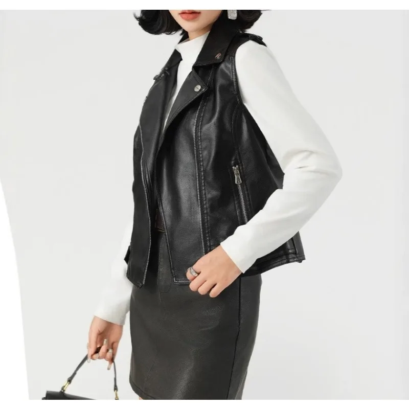 Modny garnitur, skórzana kamizelka z klapami, nowa, uniwersalna damska kurtka skórzana na wiosnę 2026