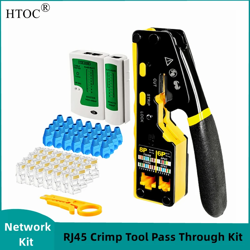 HTOC RJ45 Crimp Tool Pass Through Kit With Network Lan Cable Tester 50PCS CAT6 Pass Connectors 50PCS Boots Mini Cable Stripper