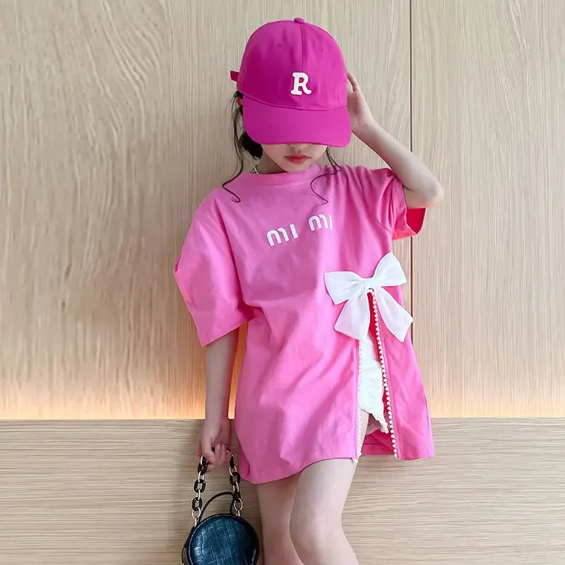 

2024 Girls Summer Clothing Big Bow Long T-Shirts Fashion Girl Kids Tees Dress Children Birthday Princess tops Clothes 4-14T