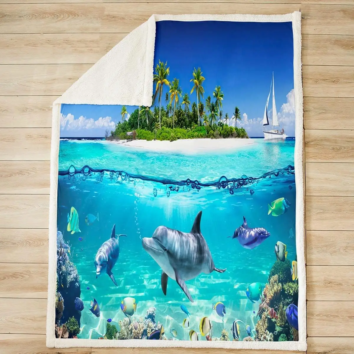 Dolphin Sherpa Blanket Kids Cute Ocean Animal Fleece Throw Blanket Hawaiian Sealife Decor Plush Blanket Microfiber Beach