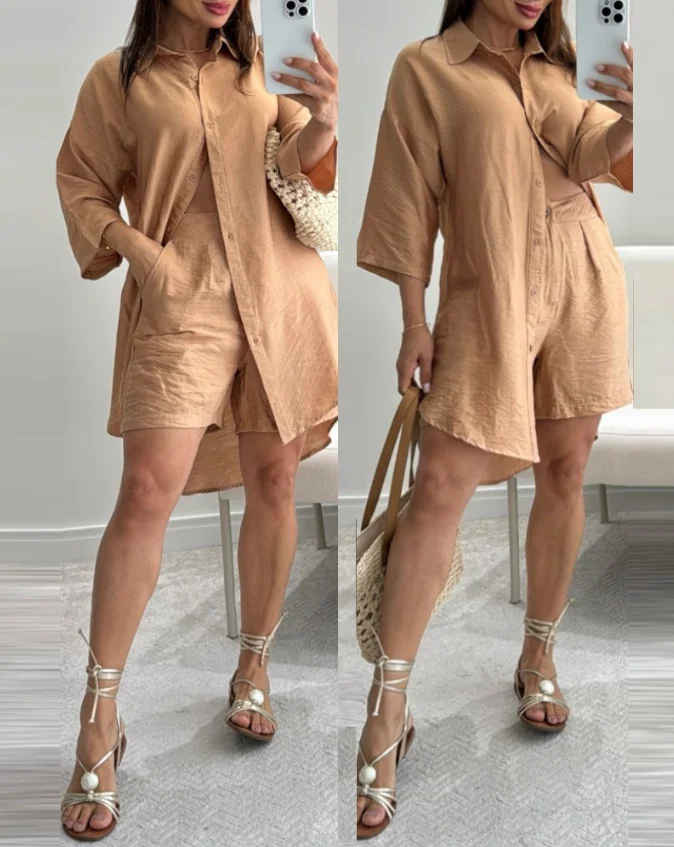 Conjunto de dos piezas para mujer, blusa frontal con botones de manga larga y cuello vuelto, Top y pantalones cortos informales con cintura elástica, primavera 2025