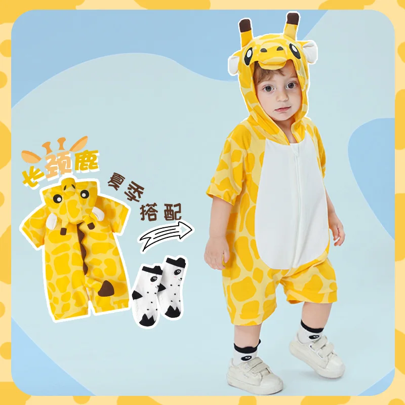 

Cute Giraffe Infant Baby Clothes Boy Girls Romper Summer Short Sleeve Bodysuit Zipper Hooded Baby Onesie Newborn Jumpsuits Ropa