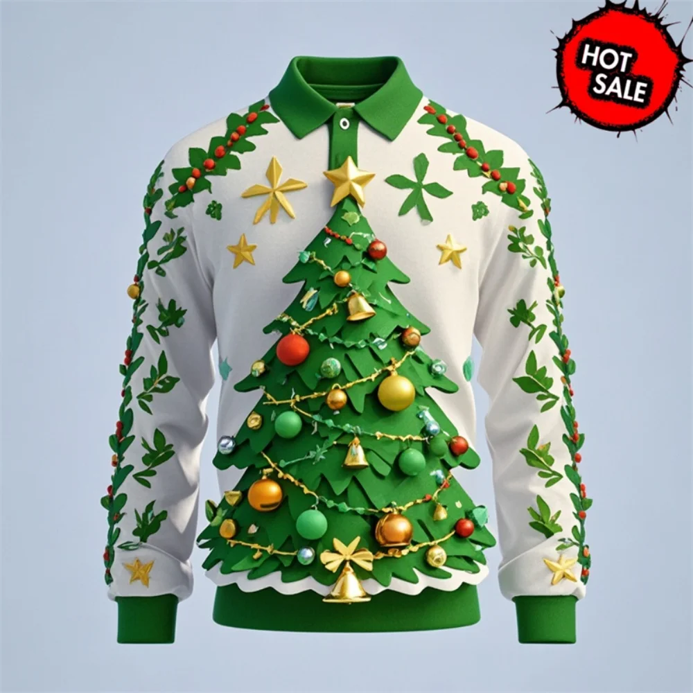 New Christmas Festival 3D Graphic Long Sleeve Polo Shirt For Mens Clothes Casual Fashion Santa Claus Pattern Button Polo T-shirt