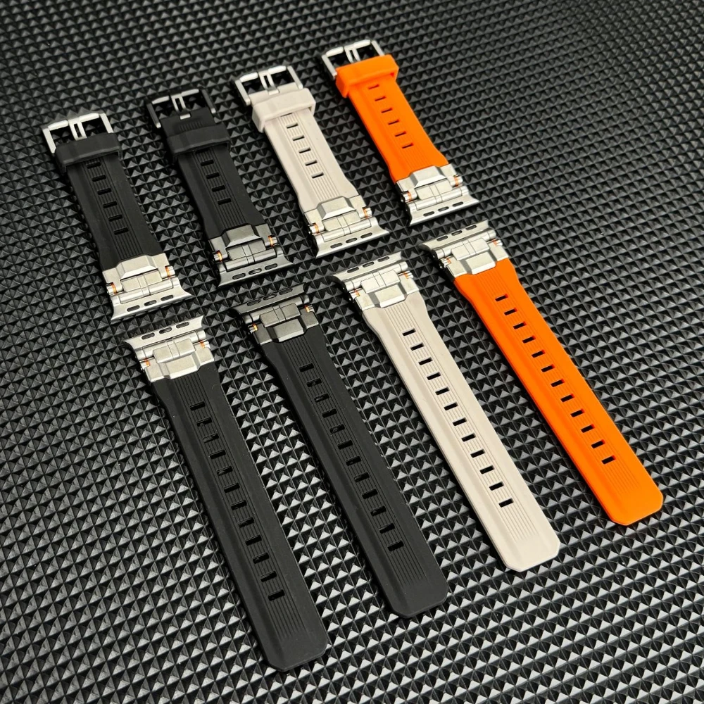 Luxury Silicone Strap for Apple Watch Band Series 10 46mm Ultra 2 49mm Stainless Steel Bracelet for iWatch 9 8 7 6 5 SE 44mm 45