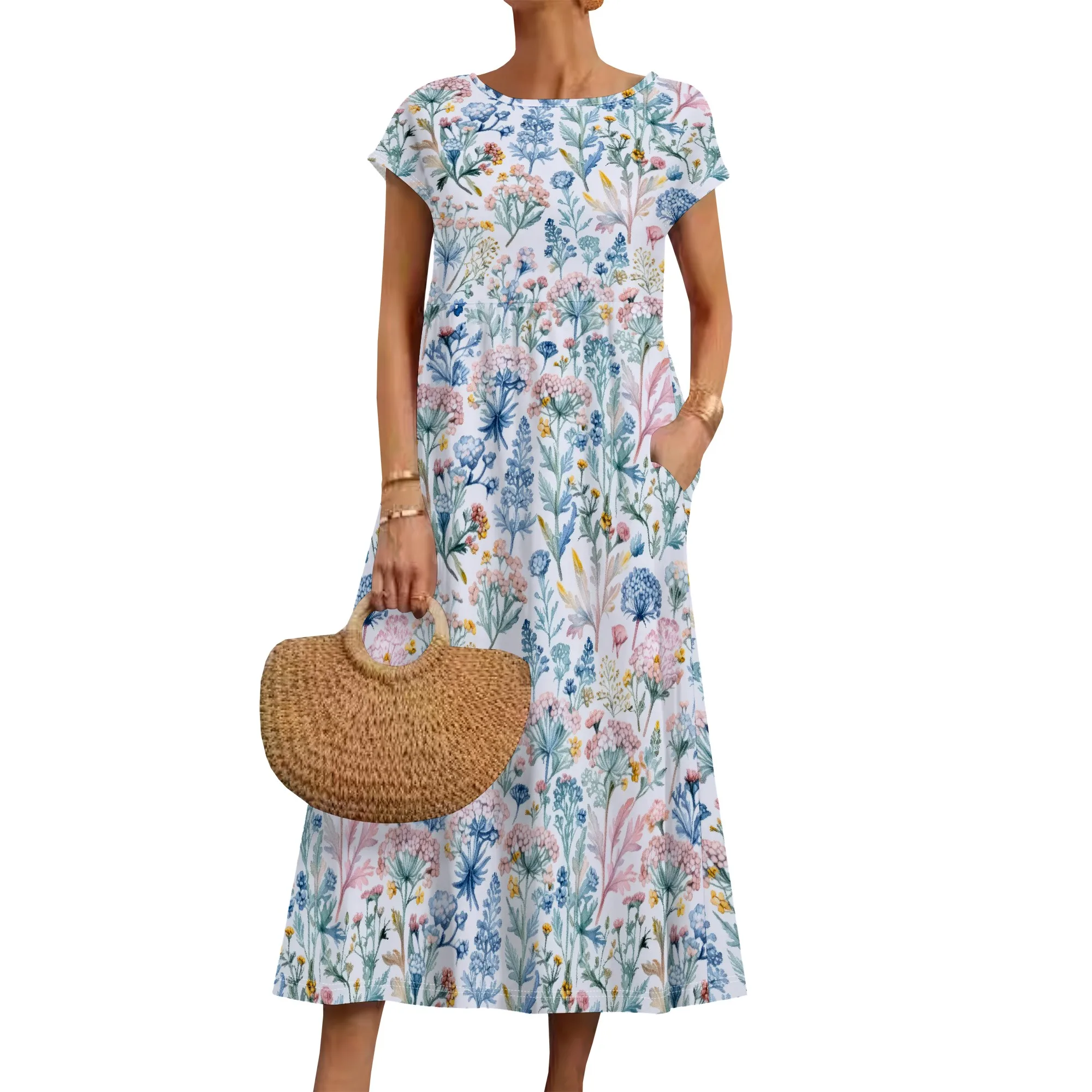 Sommer-Kurzarm-Midikleider in A-Linie für Damen, lässige Blumen-T-Shirt-Kleider, fließendes Strand-Sommerkleid mit Taschen