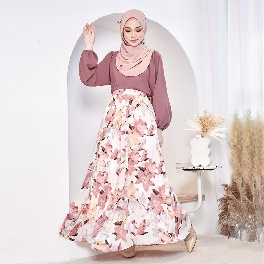 Elegant Muslim Women Floral Print High Waist A-line Skirt Turkey Arab Long Maxi Dress Medium Length Dubai Islamic Skirt Clothing