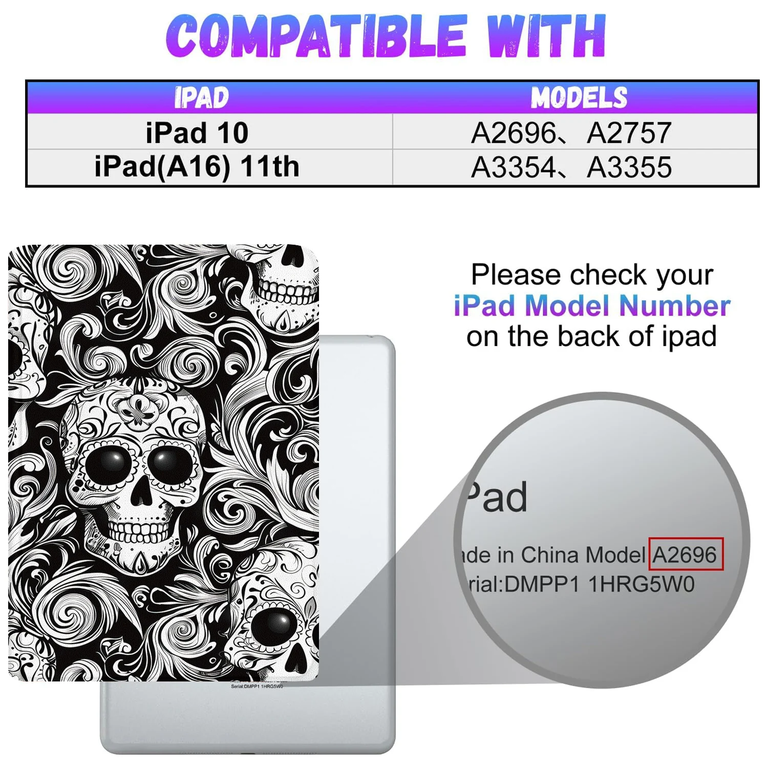 Skull Case for iPad A16 11in 2025 11th Gen Tablet Cover with Pen Holde 10.9in 2022 10th  Auto Wake Sleep Smart  Cover Adjustable