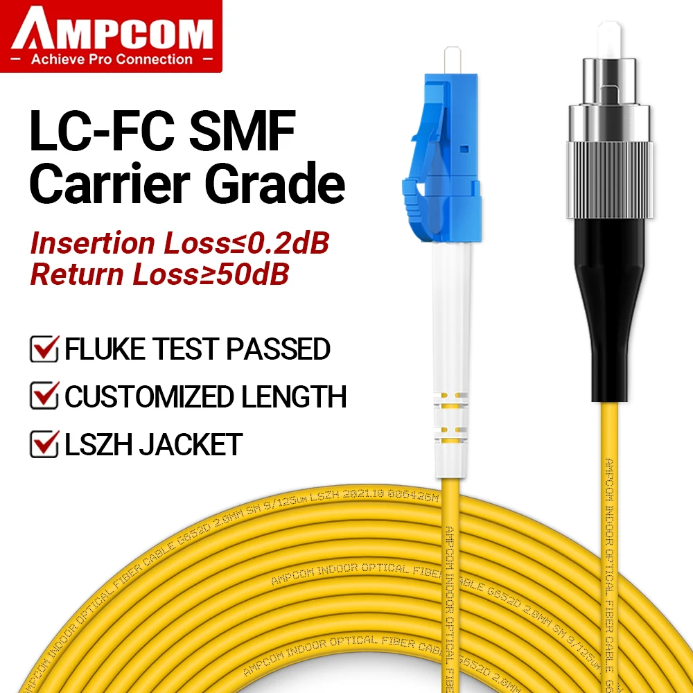 AMPCOM LC to FC UPC Fiber Optical Patch Cable Singlemode Simplex SMF 9/125μm Single Mode Bend Insensitive 2.0mm Fiber Optic Cord