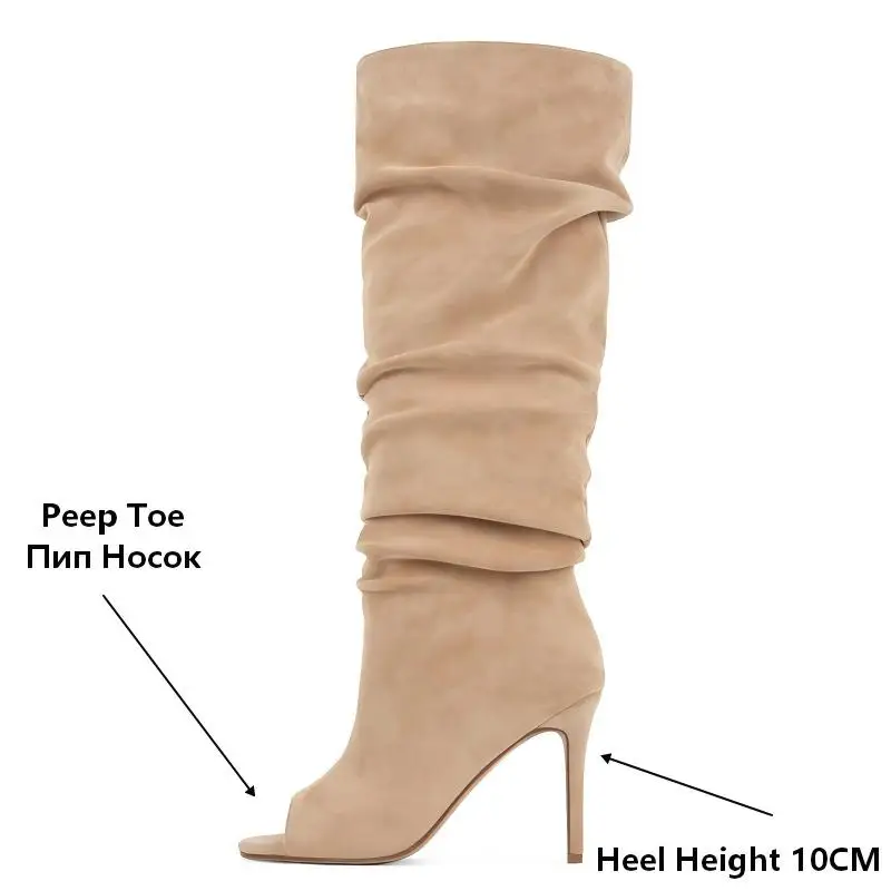 Onlymaker Women Peep Toe Pleat Slouch Knee High Boots Stiletto Heel Faux Suede Dress Boots Fall Winter Open Toe Fashion Boots image 2