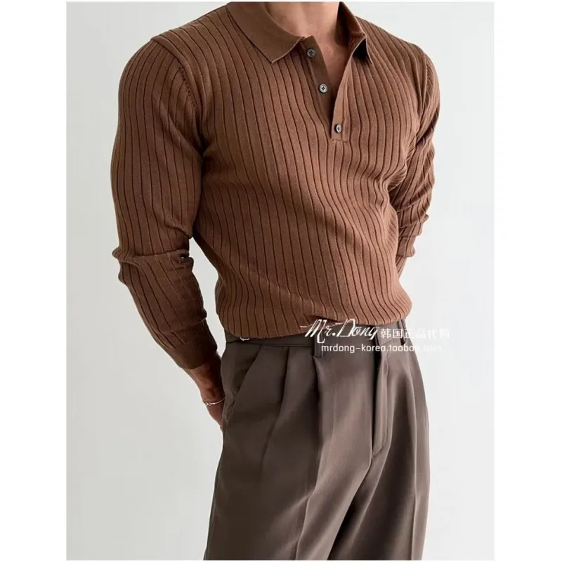 

Autumn Knitted Collar T-shirt Men Long Sleeve Casual Polo Sweater Pullover British Style Business Office Social Knit POLO Shirts