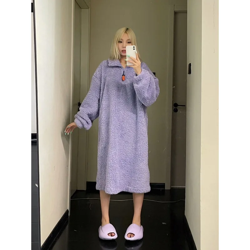 

Night Gown Female Advanced Coral Fleece Pajamas Fleece-lined Wintertime Plush Loungewear Thickening Type Korean Version Loose