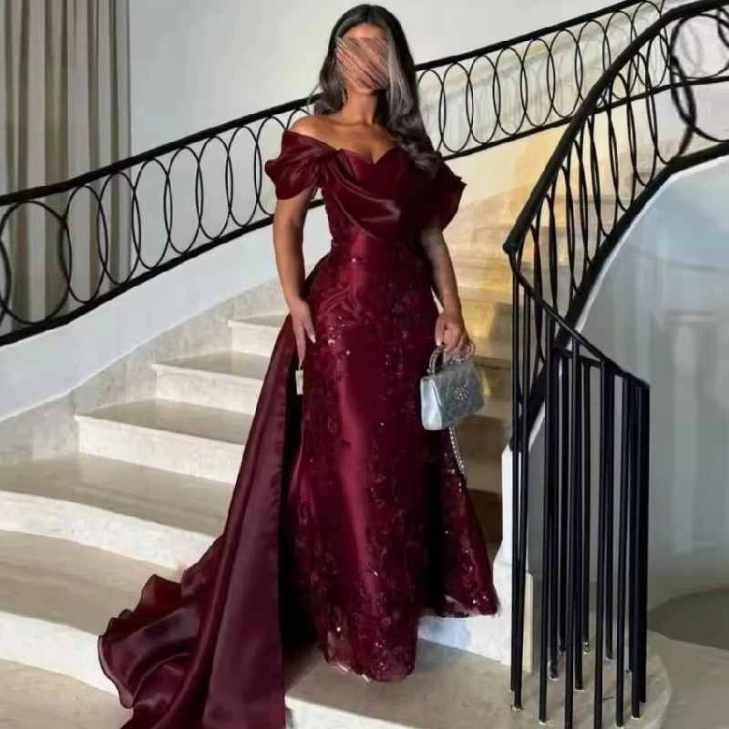 

Women Elegant Party Dress Evening Dresses Claret Satin Custom Made Flower Embroidery Fish Tail Dresses for Formal Occasions