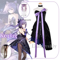 Keqing Anime Game Genshin Impact Cosplay Costume Clothes Wig Uniform Cosplay Socks Daily Outfit Halloween Party Woman Set