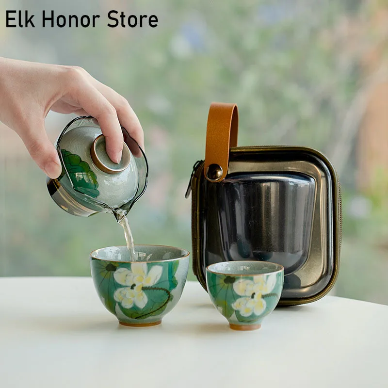 

Pure Hand-painted Summer Lotus Ceramic Travel Tea Set Home Creative Ice Flake Glaze Outdoor Portable Glass Quick-off Cup Gifts