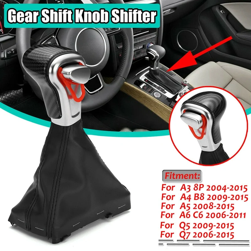 

Car Carbon Look Gear Shift Knob With Leather Boot Gaiter For A3 A4 A6 C6 Q7 Q5 2009-2012 8KD713139B