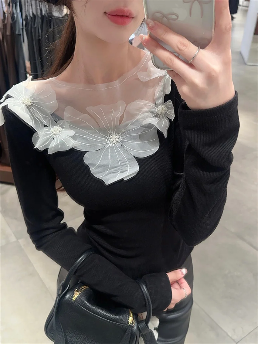 PLAMTEE Autumn T-Shirts Women Florals Sweet Fashion New Slim Loose 2024 OL Full Sleeve Pearls Elegant Mujer Casual Gentle Tees