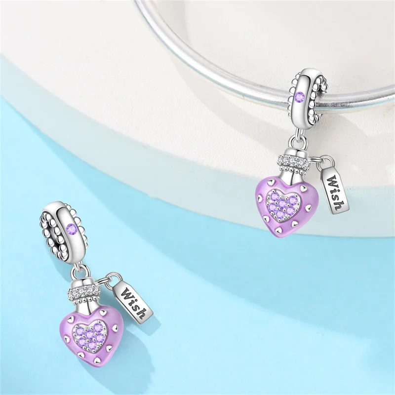 

925 Sterling Silver Purple Wishing Bottle Charms Pendant Fit 3mm Original Bracelet DIY Women Exquisite Birthday Jewelry Gifts