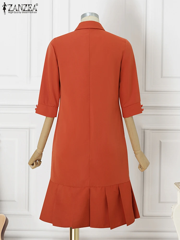 2025ZANZEA Vrouwen Zomer Shirt Jurk 3/4 Mouw Effen Kleur Knielange Zonnejurk Casual Losse Knoppen Party OL Elegante vestidos