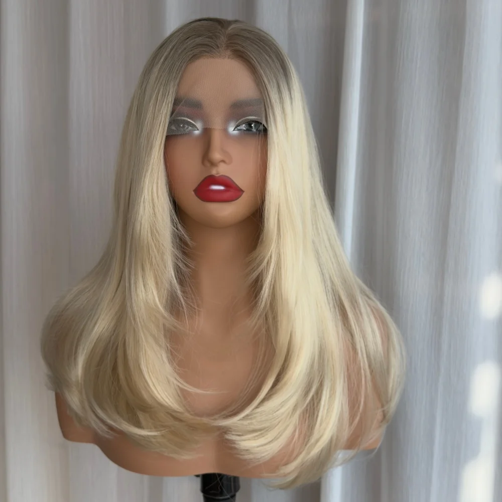 13x4 Synthetic Lace Front Wig Smoky Root Butter Blonde Face Frame Cut Futura Hair Glueless Wig For Ladies Daily Makeup Look