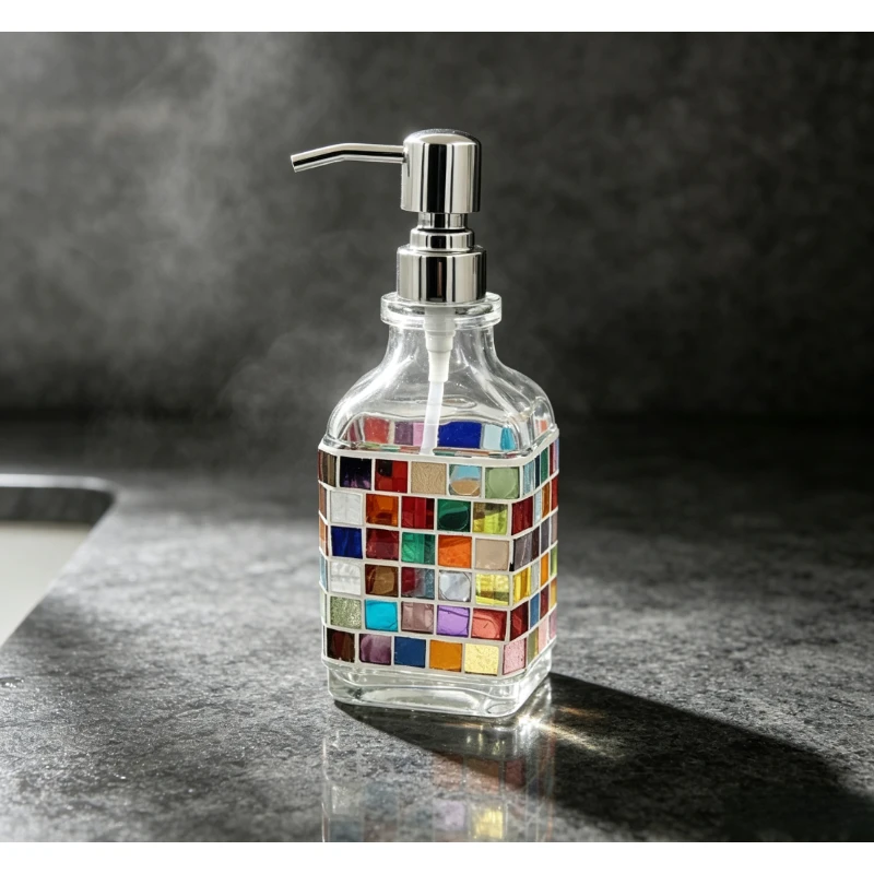Nordic Mosaic Glass Soap Dispenser Stainless Steel Pump Lotion Bottle Bathroom Decor Storage Container Multi‑Color Option