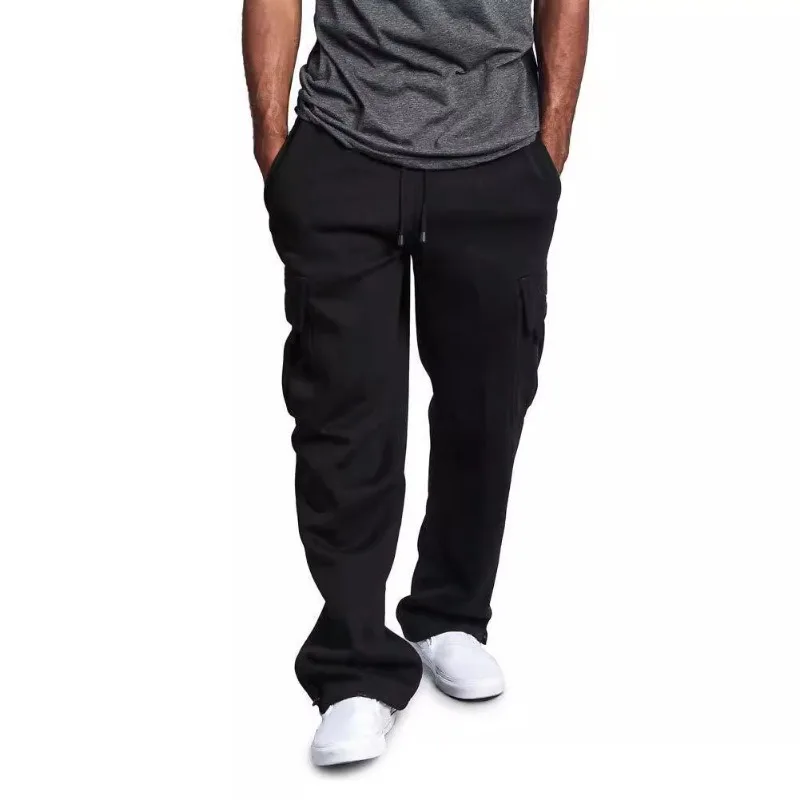 Men Multi Pocket Cargo Sweatpants Loose Straight Leg Pants Adjustable Drawstring Hem Streetwear Casual Trousers