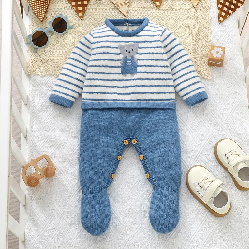 Baby Boys Knit Rompers One Piece Cartoon Bear Newborn Infant Girls Crew Neck Jumpsuits Playsuits 0-18m Children Overalls Clothes