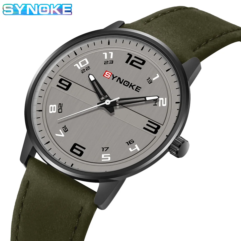 SYNOKE Brand Quartz Watch Men 40mm Alloy Case Leather Strap Simple Large Number Display Waterproof Wristwatches Male