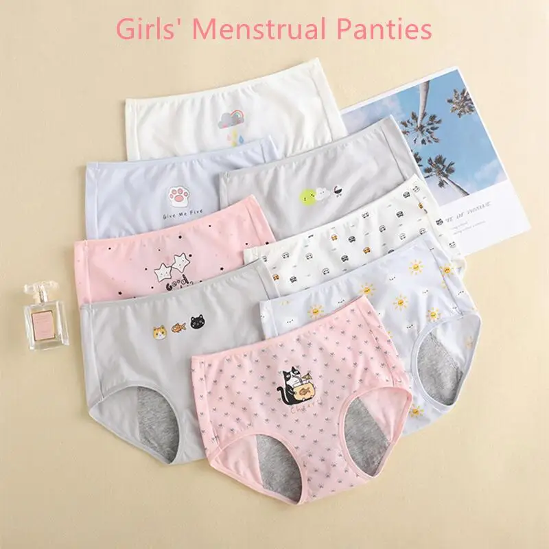 Cute Cartoon Print Girls Physiological Pants Breathable Cotton Menstrual Pants Leak-Proof Menstrual Safety Hygiene Briefs Bragas