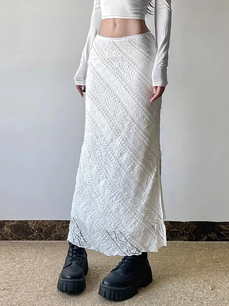 Elegant White Lace Long Skirt Women Vintage Slim Sexy Slit Streetwear Skirts Summer Retro High Waist Design Lady Long Skirt