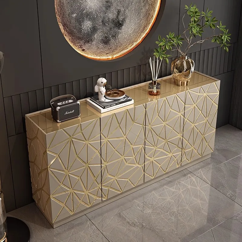 Modern Luxury Sideboard Buffet Cabinet with Geometric Gold Pattern, High-Gloss Storage Cabinet for Dining Room or Living Room