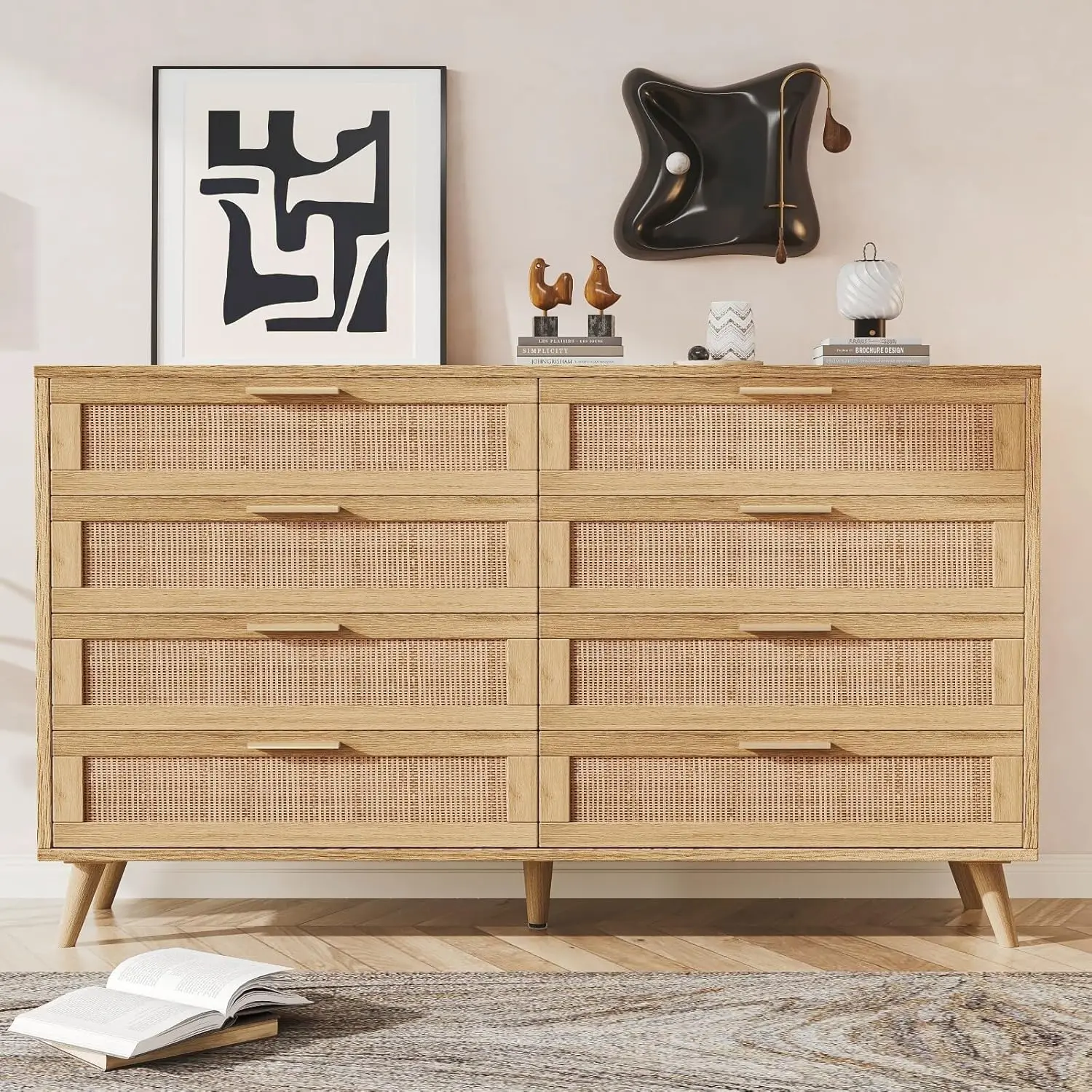 Drawer Double Dresser for Bedroom Rattan Chest of Dressers Modern Wooden Dresser Chest with Golden Handles Beside Table