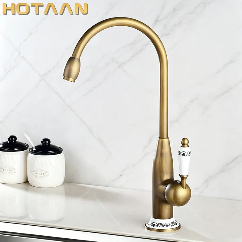 Hotaan Antique Brass Finish Kitchen Faucet  Swivel Basin Faucet 360 Degree Rotation Hot & Cold Water Mixers Tap Copper Made