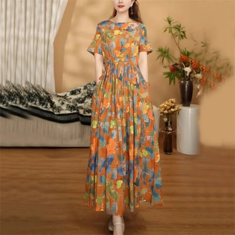 Women's Floral Cotton Linen Dress Short Sleeve Waist Tie Elegant A-Line Maxi Dress
