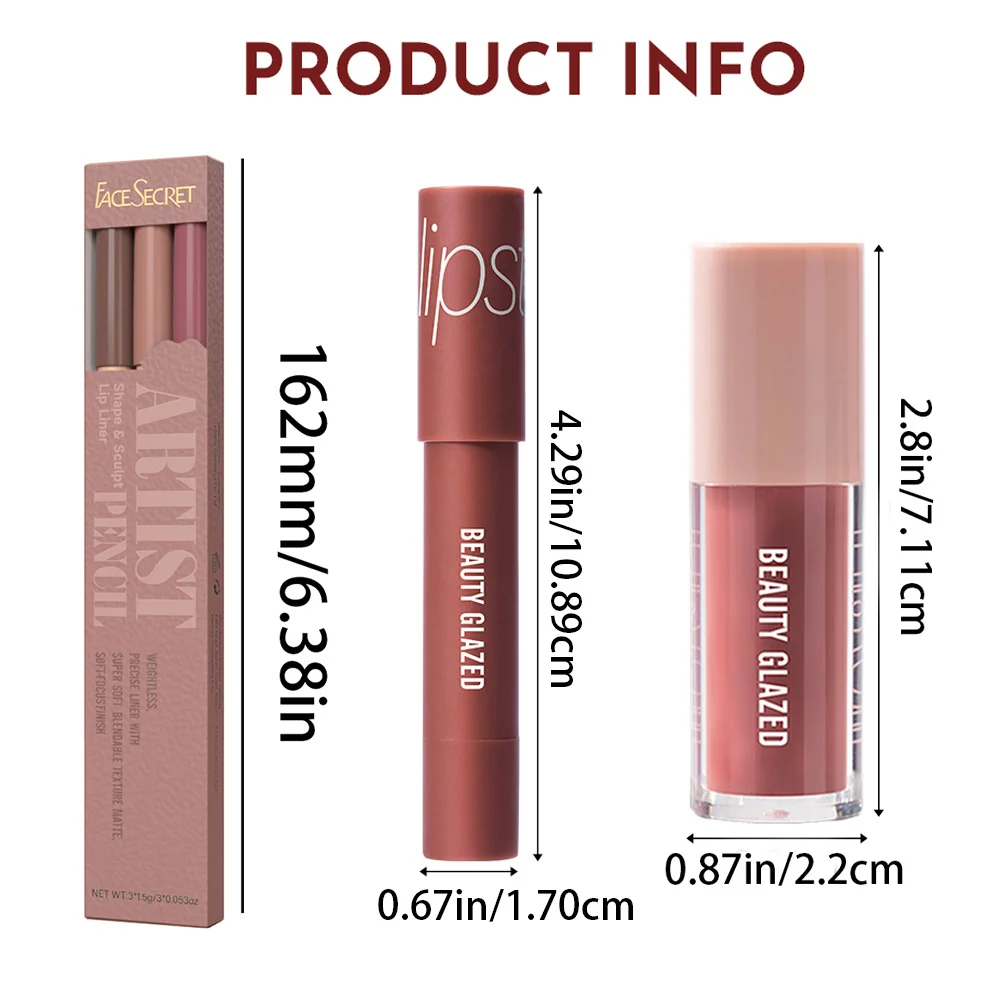 5 pezzi/set di matite per labbra in velluto opaco (confezione da 3) + rossetto + smalto per labbra nudo impermeabile a lunga durata, altamente saturo, aspetto quotidiano