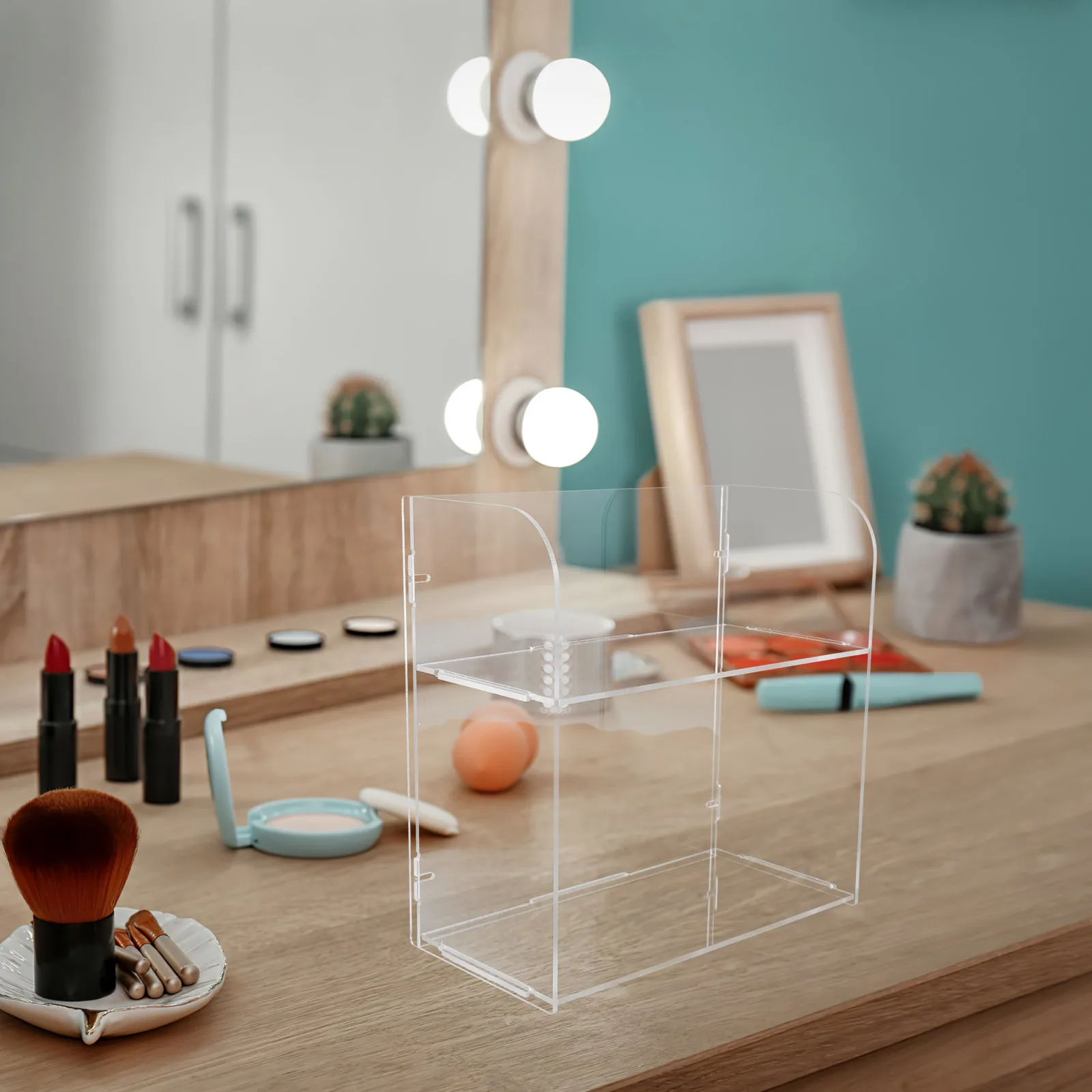 صندوق منظم مكياج من الأكريليك الشفاف مكون من طبقتين بتصميم بسيط للعناية بالبشرة ومنتجات التجميل لتخزين سطح المكتب على سطح المكتب