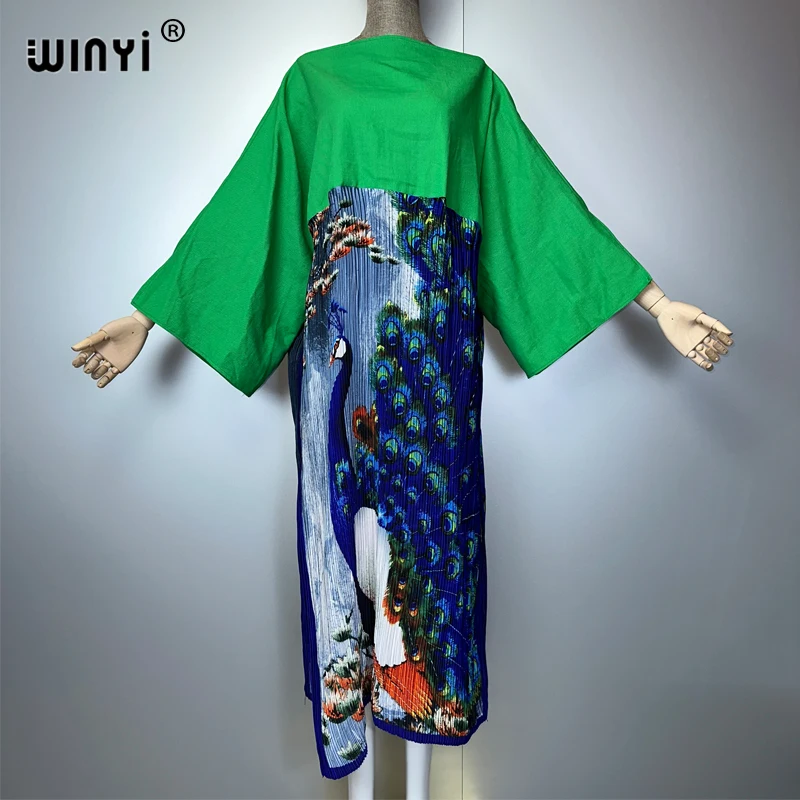 WINYI Africa Pleated Dress Women's Geometric Printing Oversized Wild Color Contrast Abaya Dubai Luxury Summer Fashion