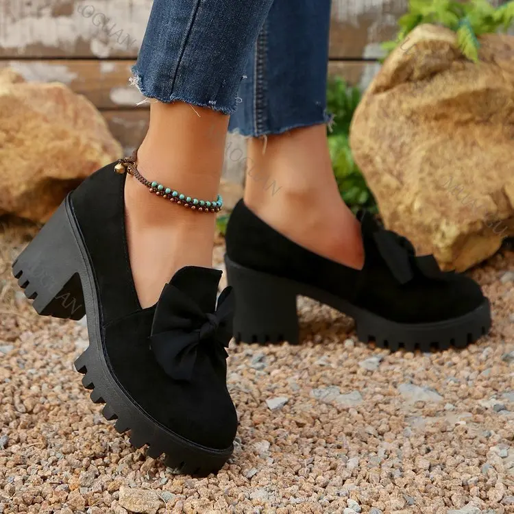 Black Suede Women's Loafers, Round Toe With Bow, Slip-on, Thick High Heel_voghion.com