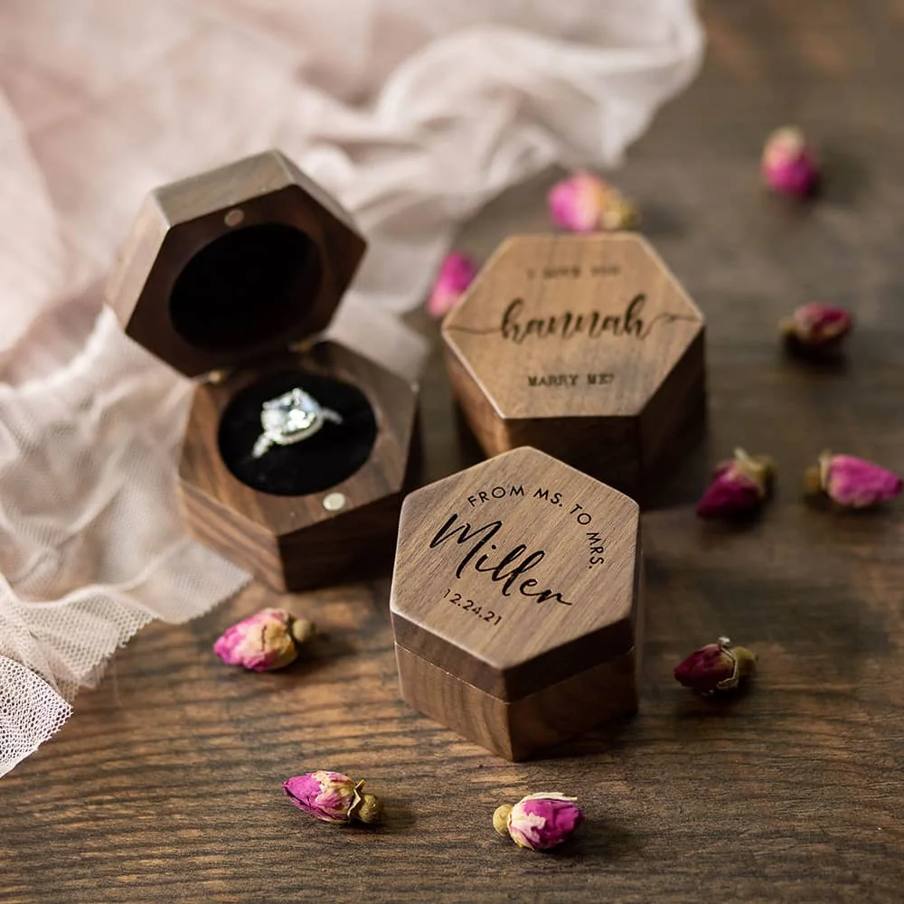 Personalised Hexagon Mini Flip Wood Ring Box Engraved Engagement Ring Holder Wedding Decoration Anniversary Gift for Ceremony