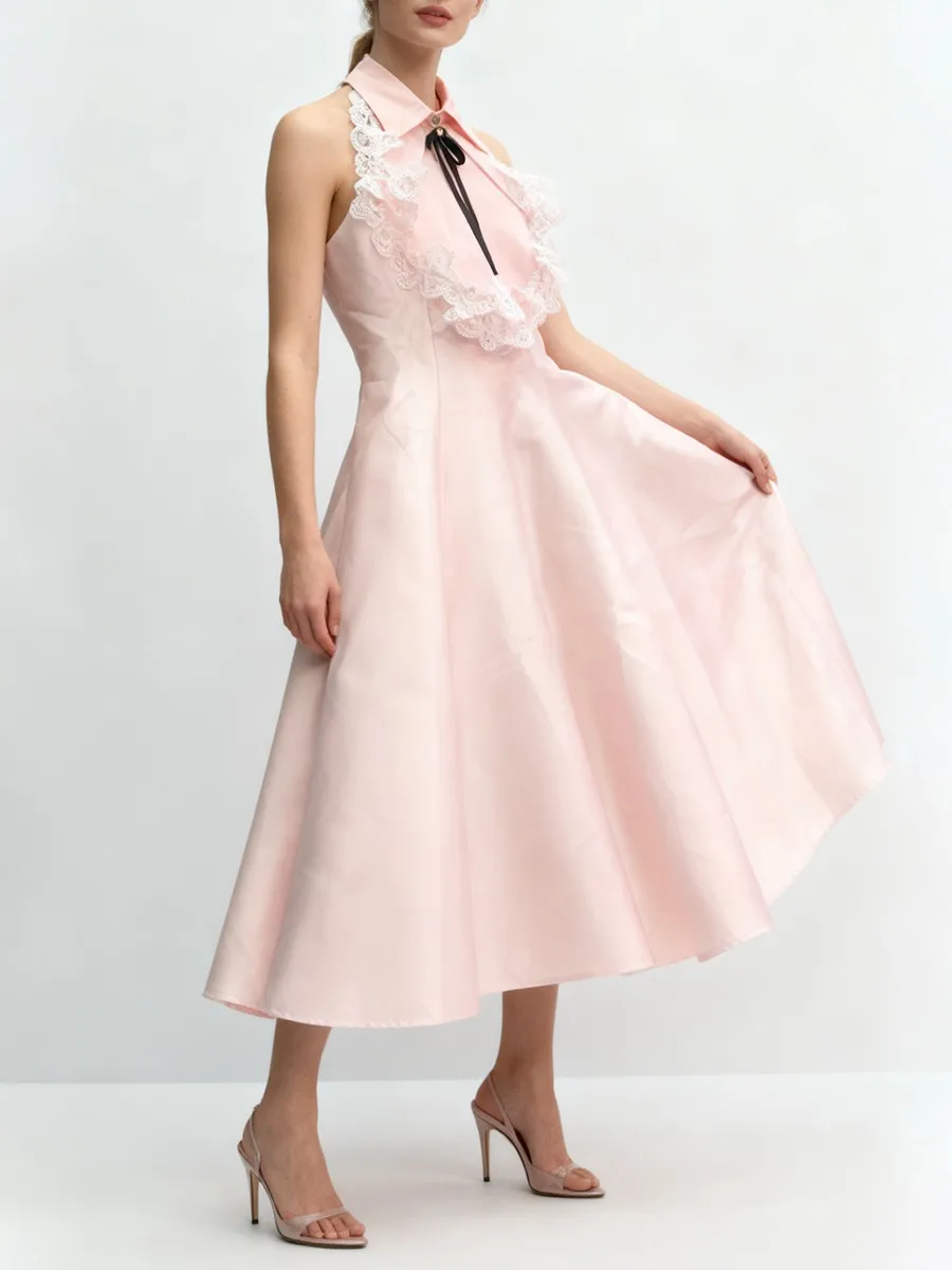 TWOTWINSTYLE エレガントなスリムフィット、レースを組み合わせたロングドレス、女性用、襟付きノースリーブ、ハイウエスト、パッチワーク、蝶結びドレス、女性用新作