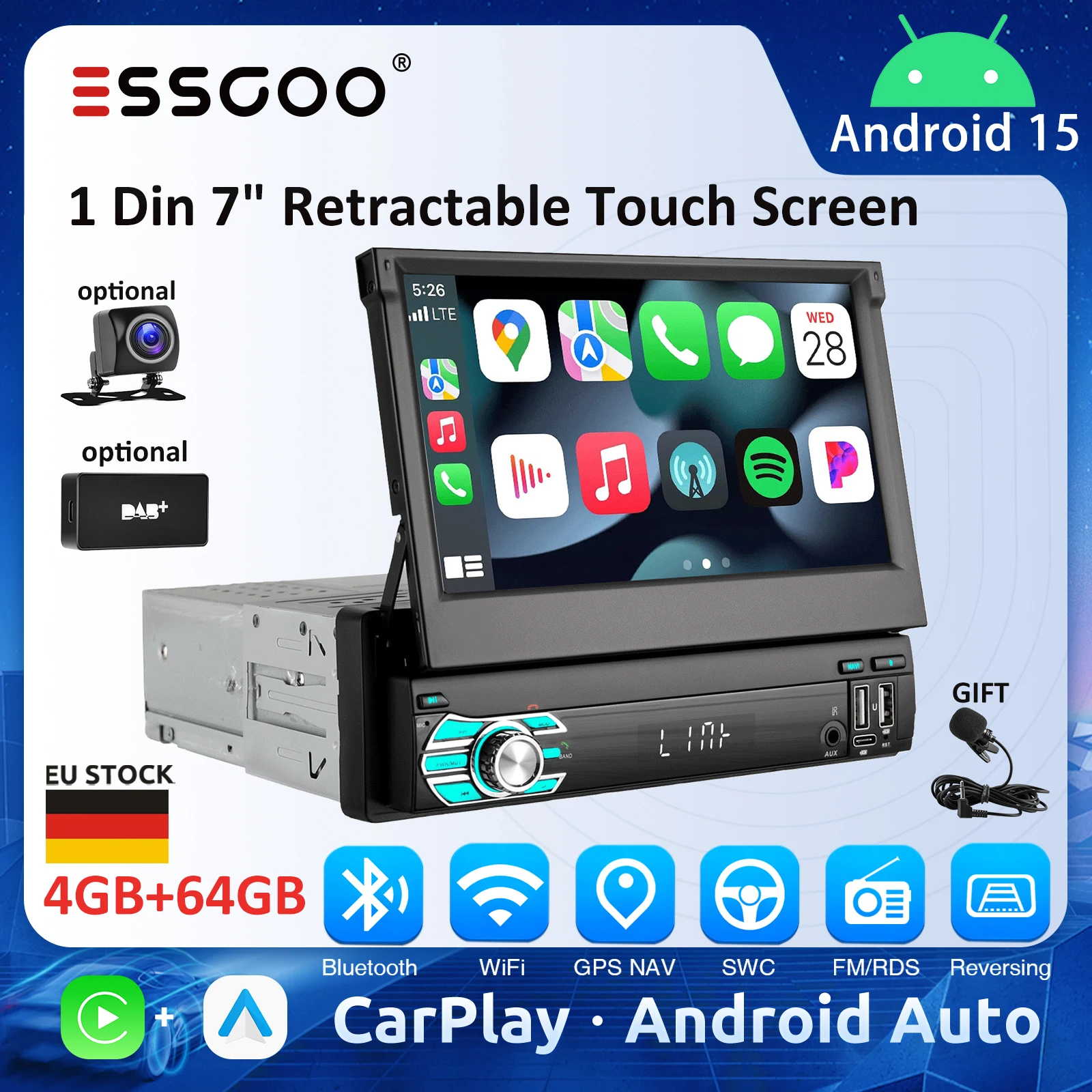 ESSGOO 1 Din 7-Zoll Ausfahrbarer Bildschirm Android Auto Carplay Universelles 1Din Autoradio GPS RDS Navigation Multimedia MP5 Videoplayer
