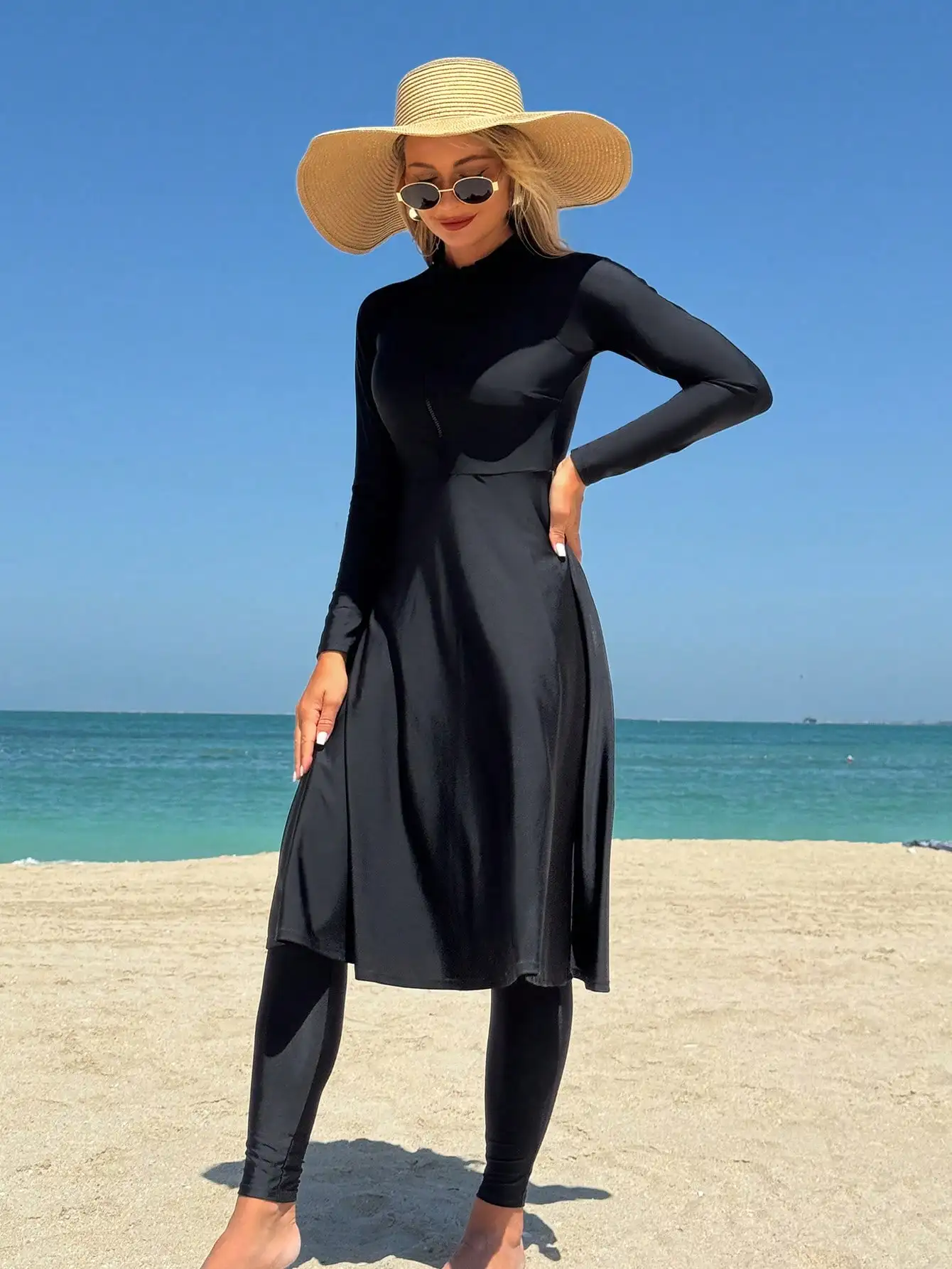 Elegant Black Women's Flesh-Covering Slimming Zipper Long-Sleeved Dress Pants Seaside Sun Protection Swimsuit Beach Suit - Image 6
