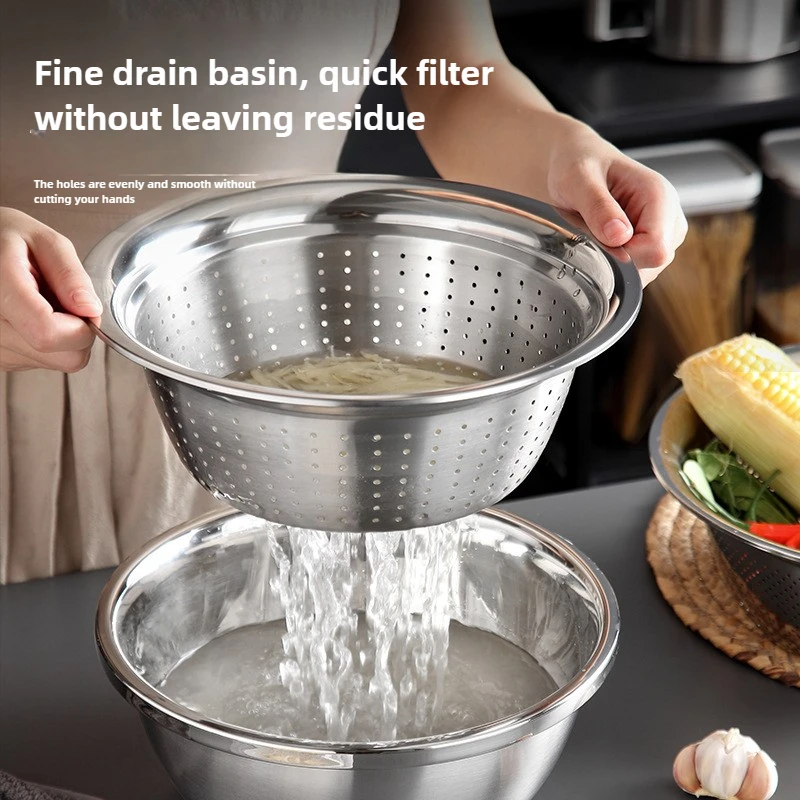 

Ultra-Thick Stainless Steel Kitchen Trio-Multi-Functional Set with Draining Basket Vegetable Cleaner and Rice Strainer Bowl