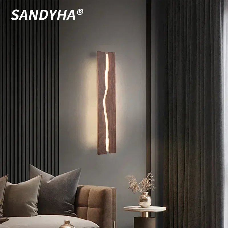 

SANDYHA Chinese Style Bedroom Wall Lamps Black Walnut Cracked Artistic Background Light Creative Bedroom Headboard Decor Lights