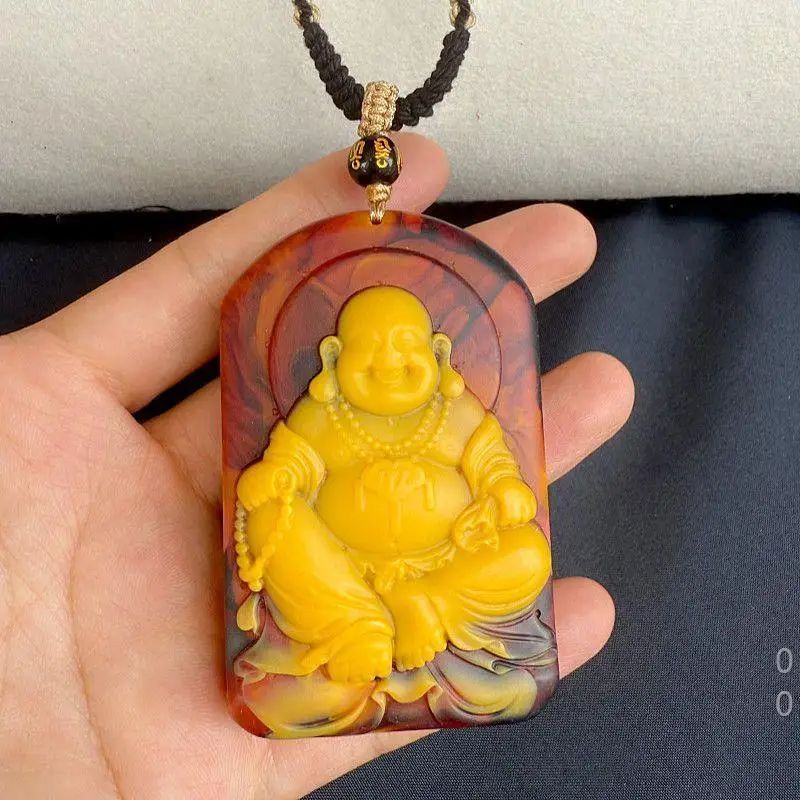 Carved Maitreya from with Skin, Raw Yellow Honey Old Amber Laughing Buddha Pendant