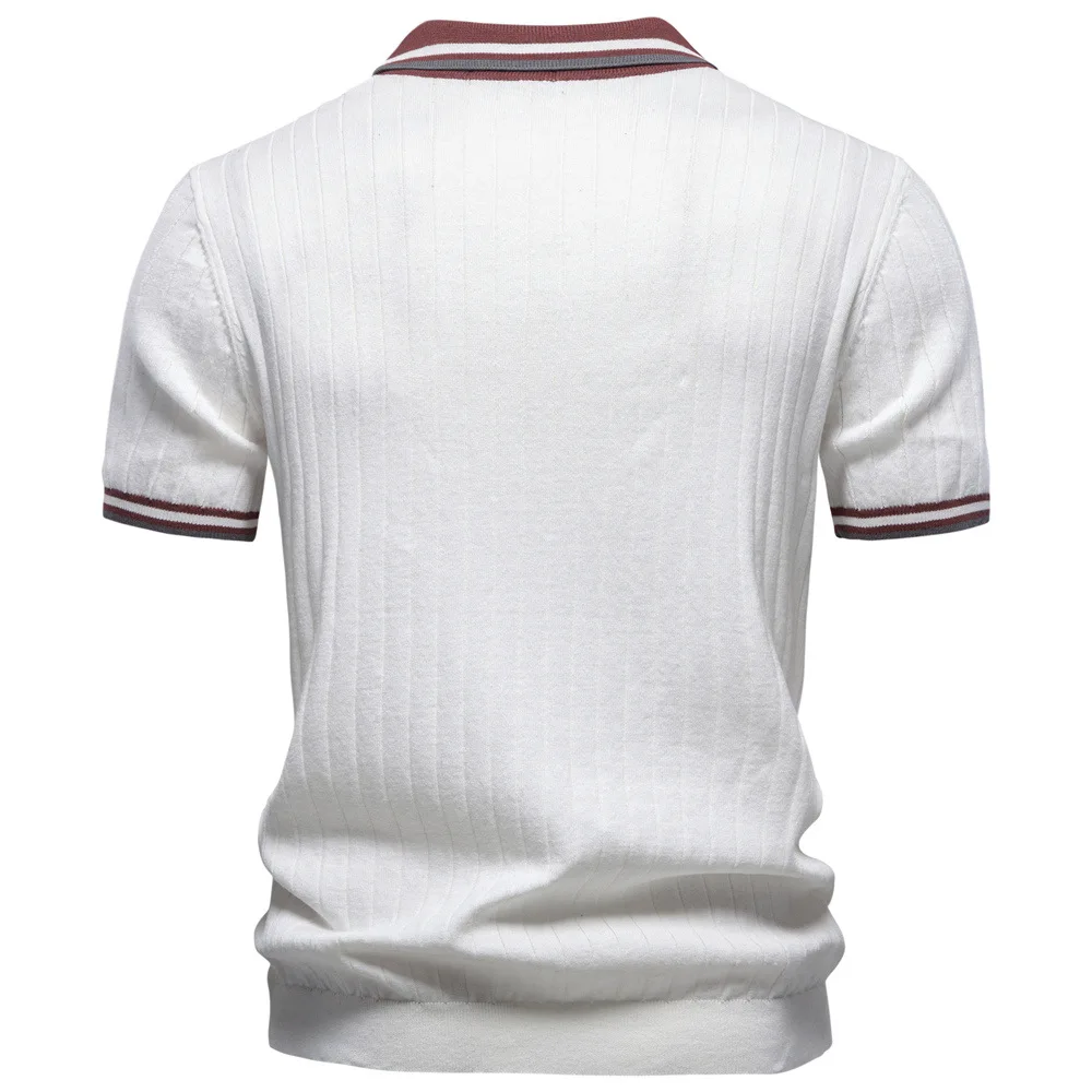 New Summer Men's Knit Polo Shirt Striped Collar V Neck Short Sleeve Casual Vintage Slim Fit Breathable Knitted T-shirt for Men
