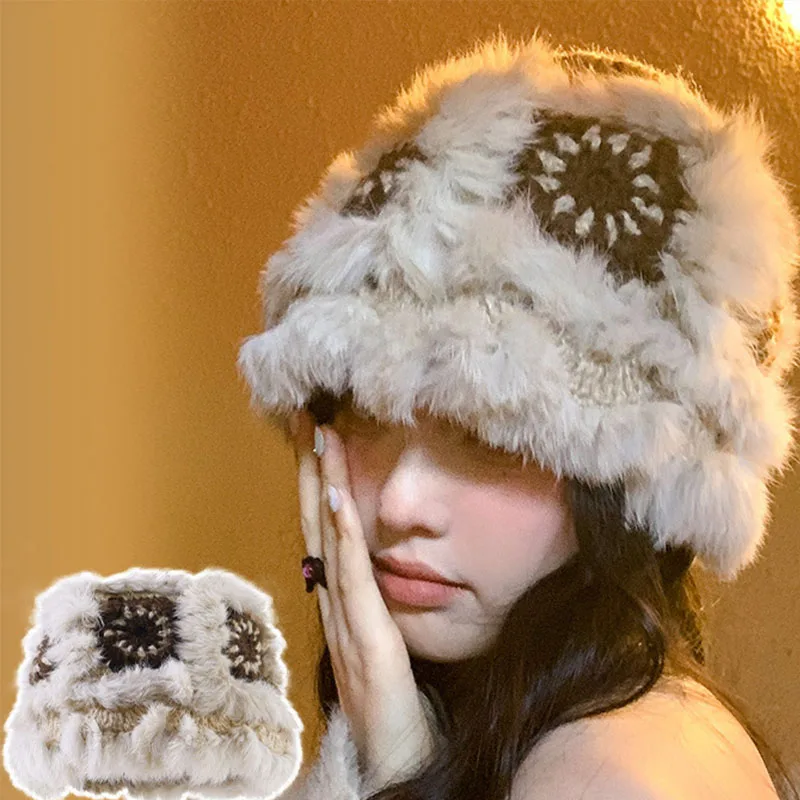 Lady Hat Rabbit Hair Hand-woven Lion Hat Cold Fisherman Hat Woman Love Kawaii Fluffy Knitted Basin Hat For Autumn Winter Warmth