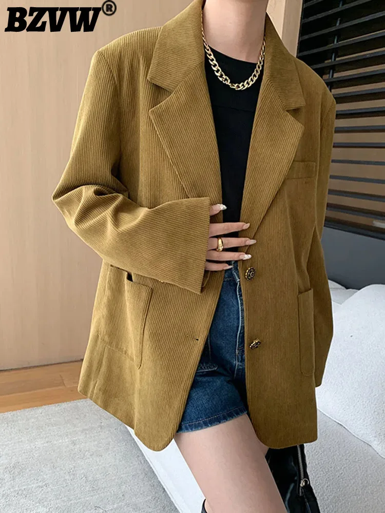 

BZVW Corduroy Blazer Women's Notched Long Sleeves Single Braested Solid Color Pockets Design Casual Coat 2024 Autumn New 25A8553