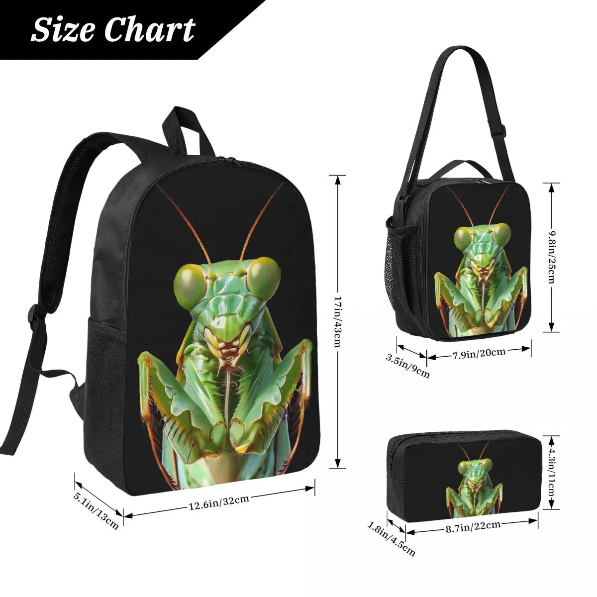 Green Praying Mantis, Eerie Insect Art Backpack BookBag School Bag Computer Shoulder Bags 3ps Insulated Lunch Bag Pencil Case
